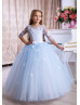 Beaded Sky Blue Tulle 3D Flowers Keyhole Back Fairytale Flower Girl Dress